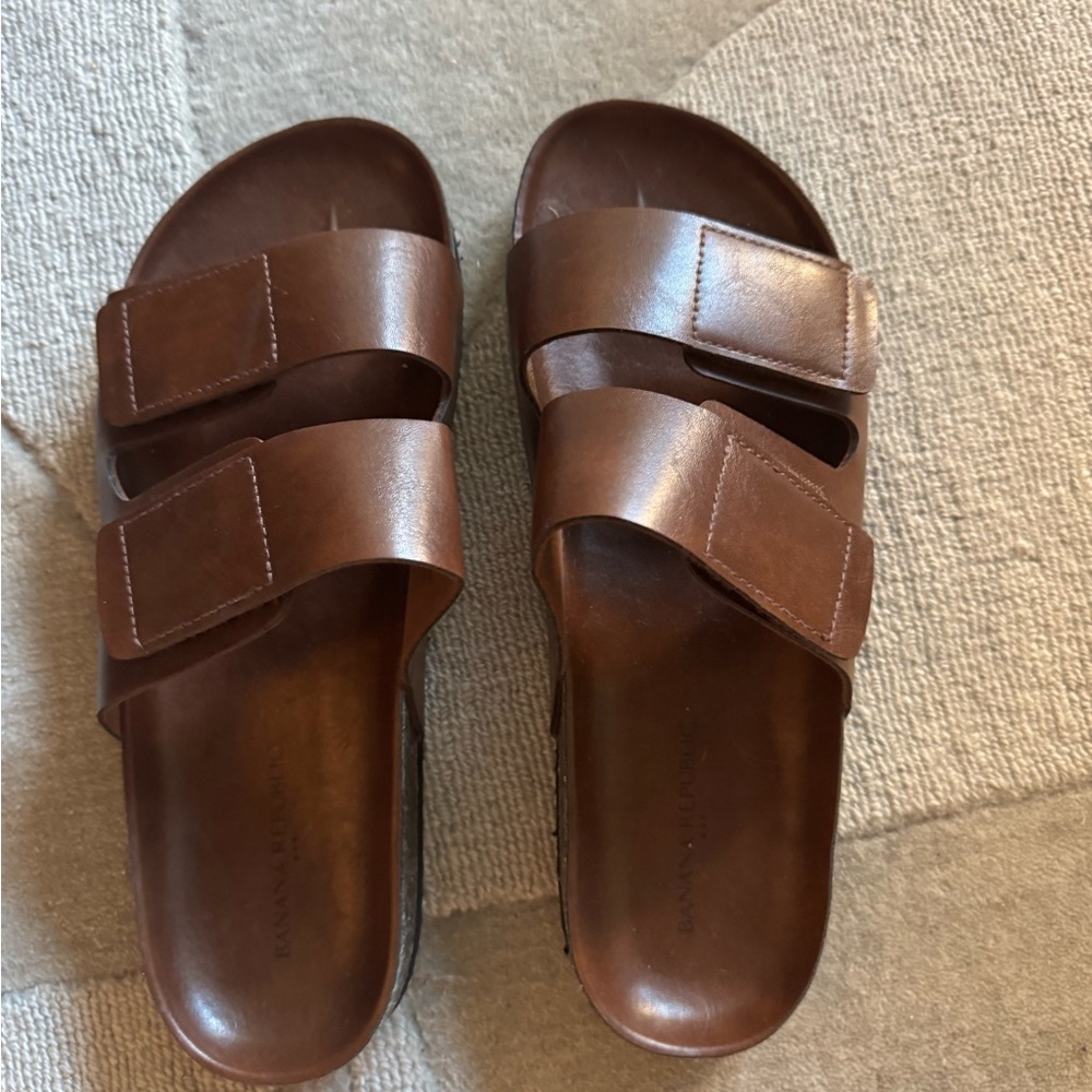 Men's Brown Leather Double-Strap Slide Sandals